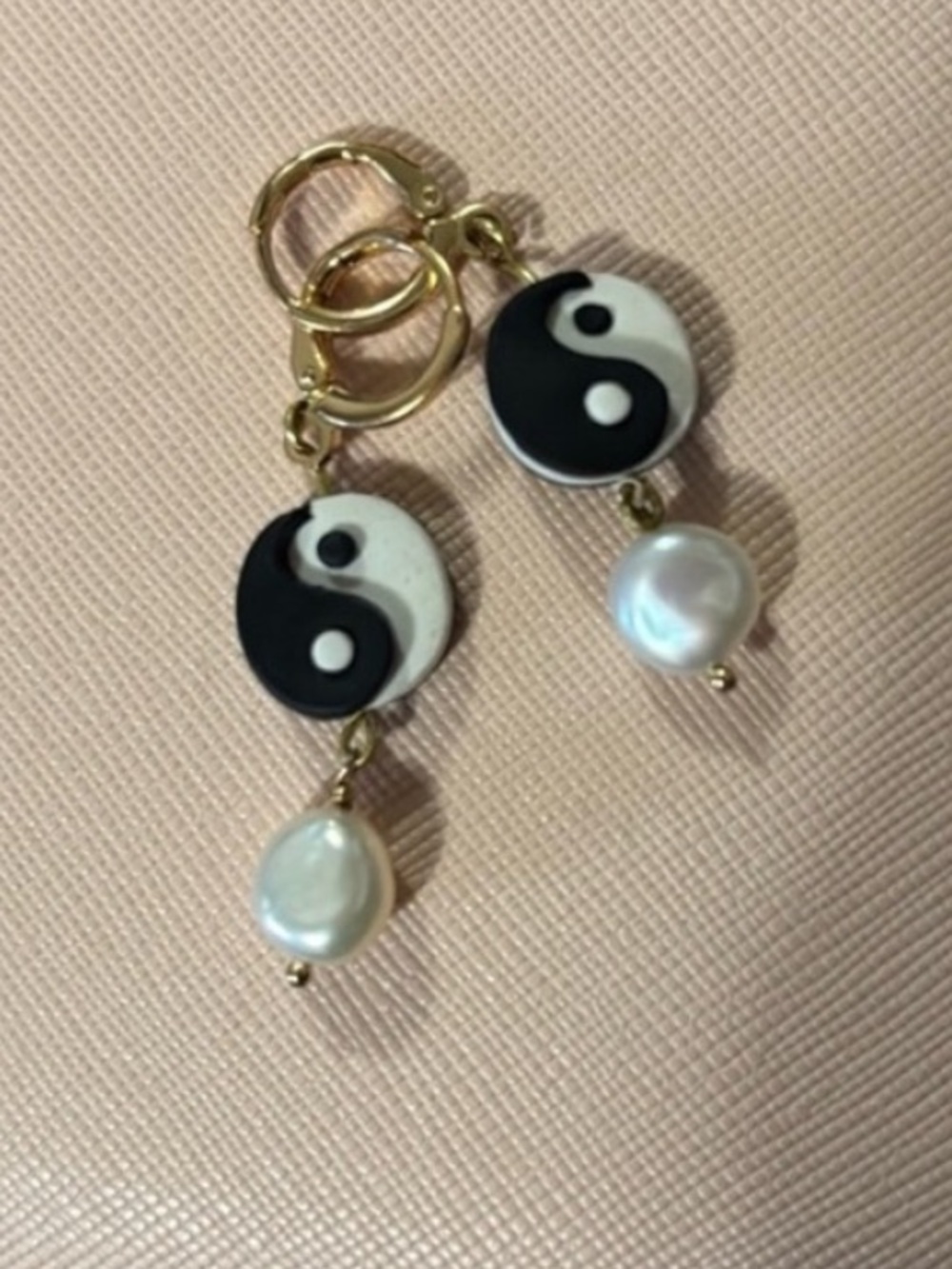 Gold Yin Yang Pearl Drop Earrings - Black & White